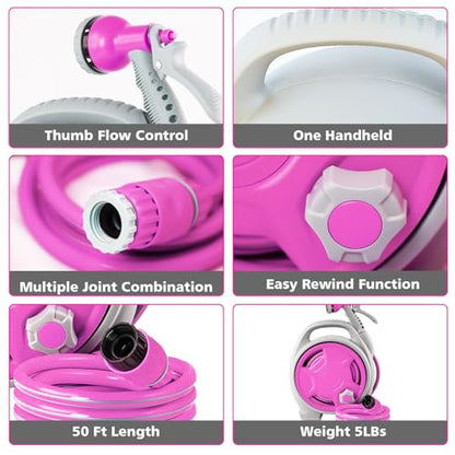 50FT Retractable Garden Hose Reel, Lightweight & Portable Hose Reel with 6 Patterns Spray Nozzle, Suitable for US Standard Hose Connection - color: Light Pink