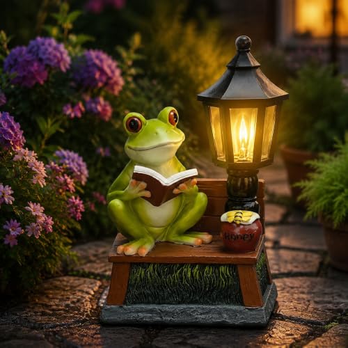Solar Frog Rearding Statue Auto LED Waterproof Garden Decor - color: Solar Reading Frog
