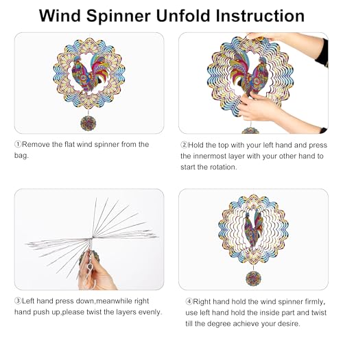 12 Inch Rooster Hanging Wind Spinners, 3D Kinetic Metal Wind Spinner - color: Red & Yellow