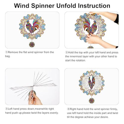 12 Inch Rooster Hanging Wind Spinners, 3D Kinetic Metal Wind Spinner - color: Red & Yellow