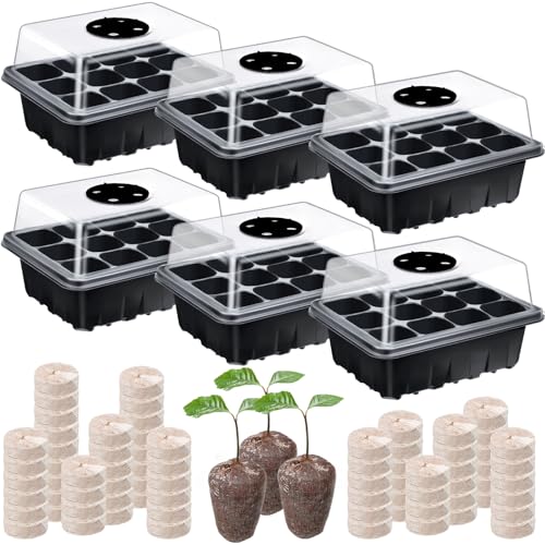 SiliFine 6 Pack Seed Starter Tray with 72 Pcs Peat Pellets, Seeding Starter Kit (72 Cells Total Tray) with Humidity Dome, Soil Plant Germination Tray Kit for Flower Vegetable(Black) - color: Black
