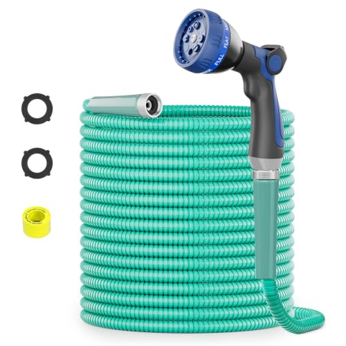 SPECILITE 25ft 304 Stainless Steel Metal Garden Hose(Aqua) with Blue Nozzle - color: Aqua, size: 25 ft