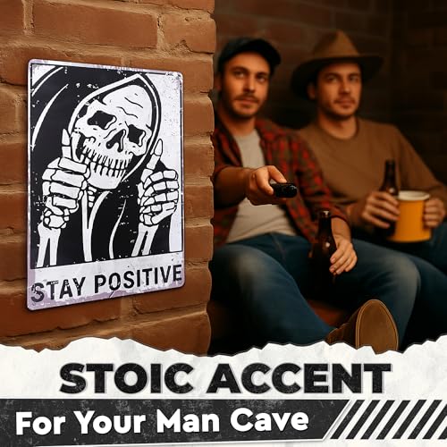 Stay Positive Skull Metal Sign, 8x12 In, Retro Funny Wall Art - color: Stay Positive