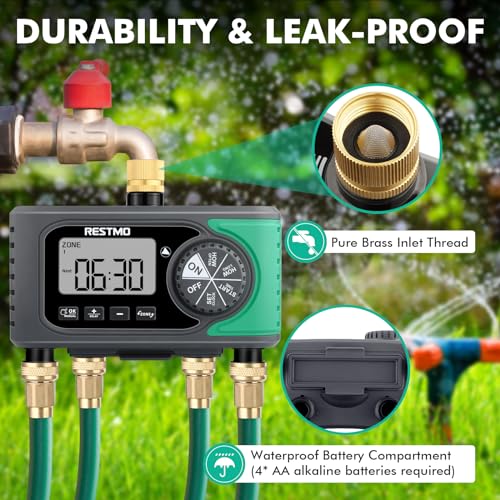 RESTMO 4-Zone Sprinkler Timer, Programmable Water Timer for Garden Hose