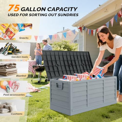 VINGLI 75 Gallon Collapsible Outdoor Storage Box, Grey Body, Black Lib - color: Grey Body, Black Lib