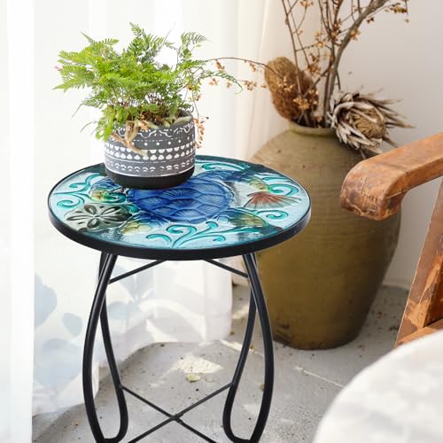 VCUTEKA Outdoor Side Table,14" Patio Accent Table Bistro Coffee End Table - color: Blue Transparent Turtle