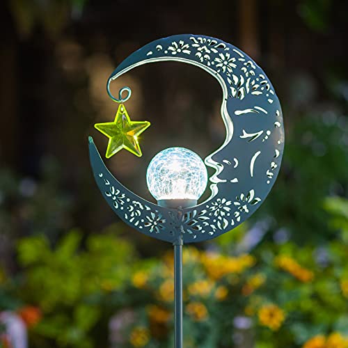 Hapjoy Outdoor Solar Lights Garden Decor for Patio,Lawn or Pathway Moon Decorations Crackle Glass Globe Stake Metal Lights Waterproof Warm LED Garden Gifts (Blue) - color: Blue