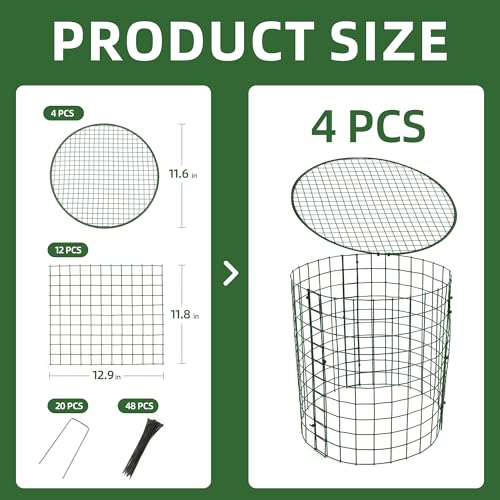 4 Sets of DIY Metal Plant Protectors from Deer, Garden Fencing Animal Barrier Size 11.8 * 12.9 inches, Mesh Plant Cage Chicken Wire Cloche for Plants with Stakes and Nylon Cables - size: 4 Sets