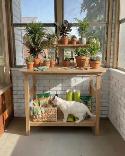 HIPS Outdoor Potting Table Bench with 3-Tier Storage Teak - color: Teak