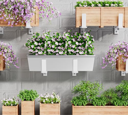 Y&M 4 Pack Adjustable Planter Box Brackets (6 to 12.5 in), Universal Window Box Brackets, Heavy Duty Iron Flower Box Wall Mounting Hooks for Balcony, Fences, Patio, and Garden - White - size: 4pcs White