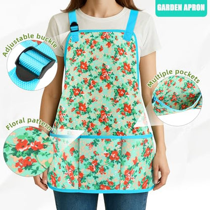 Garden Tools Set, JUMPHIGH 10 PCS Heavy Duty Gardening Tools Includes Hand Trowel Rake Weeder Pruner, Gardening Gifts for Women, Garden Kit with Tote Bag, Apron, Gloves, Kneeling Pad - color: Blue Green