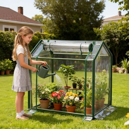 Mini Greenhouse with Zippered Doors & Roll-up Windows, Elevated Bottom Portable Plant Hot House with Durable PVC Cover, Water Resistant, UV Protected for Outdoor Flowers, Vegetables