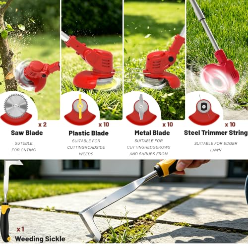 21V Cordless Weed Wacker with 2 Batteries & Wheels, Battery Powered Weed Eater, Electric String Trimmer, Grass Trimmer & Lawn Edger 4-in-1, Lightweight Weed Trimmer for Lawn Garden