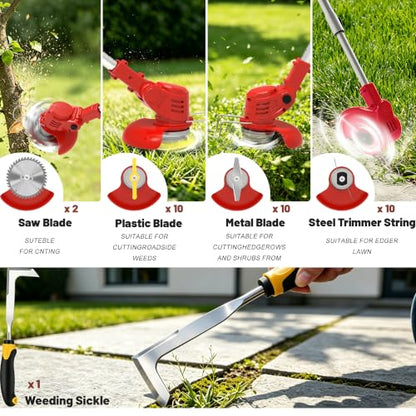 21V Cordless Weed Wacker with 2 Batteries & Wheels, Battery Powered Weed Eater, Electric String Trimmer, Grass Trimmer & Lawn Edger 4-in-1, Lightweight Weed Trimmer for Lawn Garden