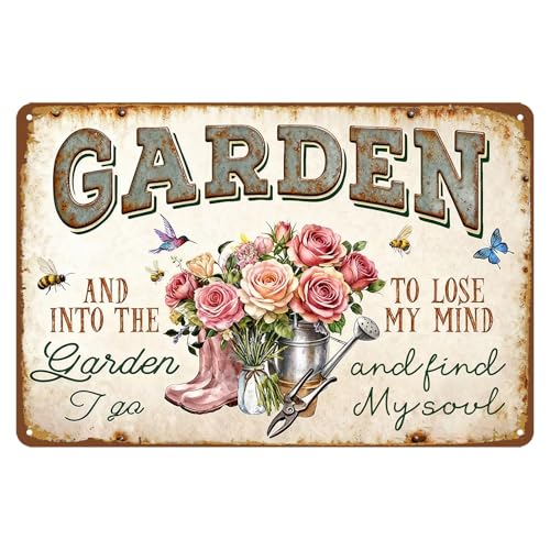 Garden Signs for Outside Gardening Gifts for Plant Lovers Women Metal Garden Tin Sign Wall Art Decor And Into The Garden I Go To Lose My Mind And Find My Soul Sign Funny Flower Yard Signs 8x12 Inch - color: Garden Signs 03