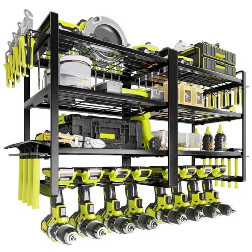 KAFAHOM Power Tool Organizer, 8 Drill Holder Wall Mount, 4 Layers Garage Tool Organizers and Storage Rack, Tool Shelf with Screwdriver/Plier/Hammer Holder - color: Black-2Pack, size: New 2 Pack