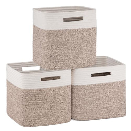 OIAHOMY Storage Cubes 11 Inch Storage Bin 3-Pack Square Basket White&Brown - color: White & Brown