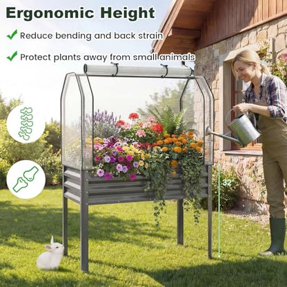 Giantex Raised Garden Bed with Legs & Greenhouse Cover, 44x20x60 Elevated Metal Planter Box with Roll-up Door, Outdoor Mini Greenhouse for Vegetable Flower Herb Patio Balcony (Gray,1) - color: Gray