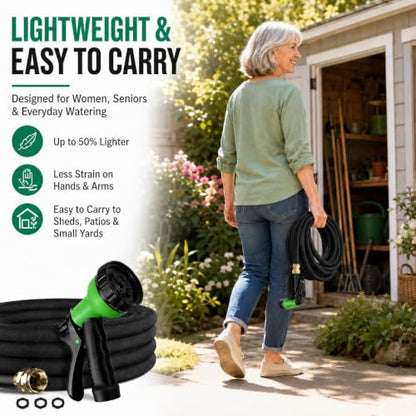 100FT Non-Expandable Flat Garden Hose with 10 Function Nozzle,No-Kink,Black - color: Black, size: 100FT
