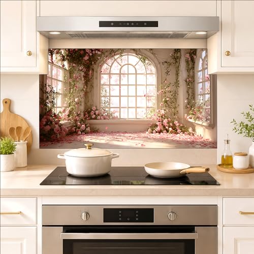 Kitchen Wallpaper 17.3x28 in Rose Garden Arched Window for Backsplash - color: Colorful1281