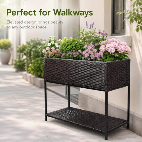 Rattan Wicker Raised Storage Garden Bed 3x1.5x2.5 ft Planter Box - color: Brown