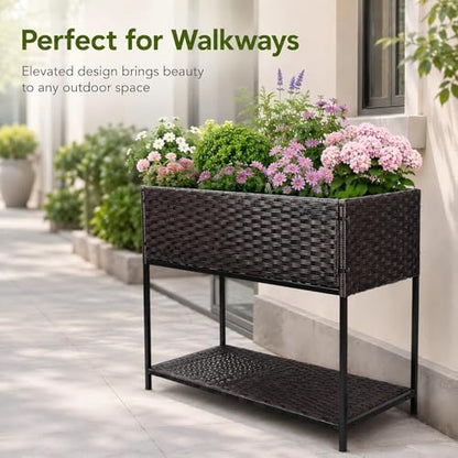 Rattan Wicker Raised Storage Garden Bed 3x1.5x2.5 ft Planter Box - color: Brown