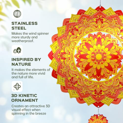 Mandala Wind Spinner 12 Inch, IDEA SHOW 3D Kinetic Metal Sun Wind Spinners for Yard and Garden, Stainless Steel Hanging Boho Outdoor Decor Art with Mini Pendant, Zen Gardening Gifts for Women - size: MandalaSunflower