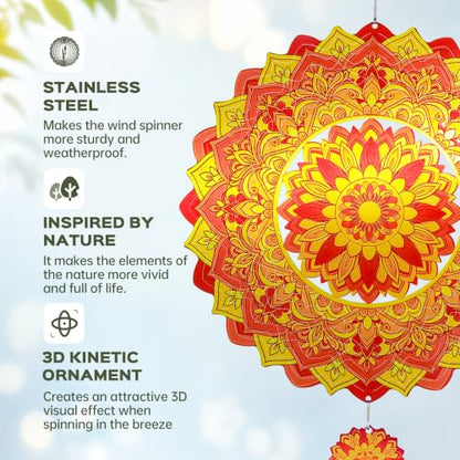 Mandala Wind Spinner 12 Inch, IDEA SHOW 3D Kinetic Metal Sun Wind Spinners for Yard and Garden, Stainless Steel Hanging Boho Outdoor Decor Art with Mini Pendant, Zen Gardening Gifts for Women - size: MandalaSunflower