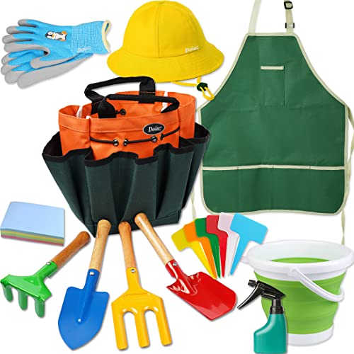 Kidz Gardening Set -Real Metal Gardening Tools Kit for Childrenz Includes Sturdy Shovel,Rake,Fork,Trowel,Kidz Garden Kit with Sun Hat,Apron,Gloves,Tote Bag,Sprayer and Bucket,Outdoor Gardening Gifts - style: Garden