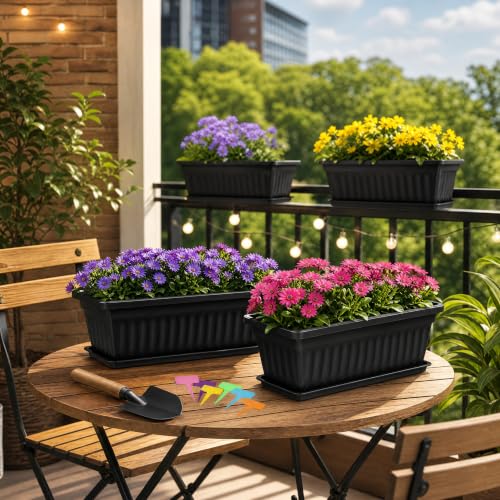 Fasmov 7 Pack 17 Inches Flower Window Box Plastic Vegetable Planters with Trays Vegetables Growing Container Garden Flower Plant Pot with 7 Pcs Plant Labels for Balcony, Patio, Garden, Black - color: 7pack,black