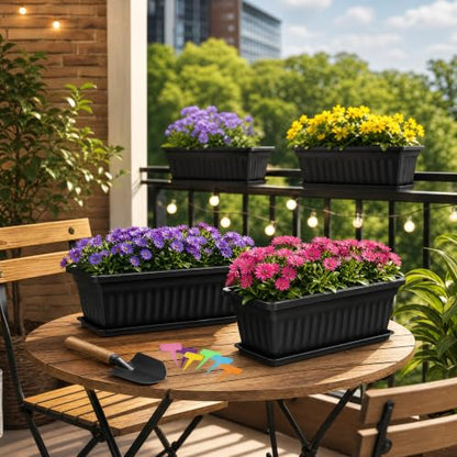 Fasmov 7 Pack 17 Inches Flower Window Box Plastic Vegetable Planters with Trays Vegetables Growing Container Garden Flower Plant Pot with 7 Pcs Plant Labels for Balcony, Patio, Garden, Black - color: 7pack,black