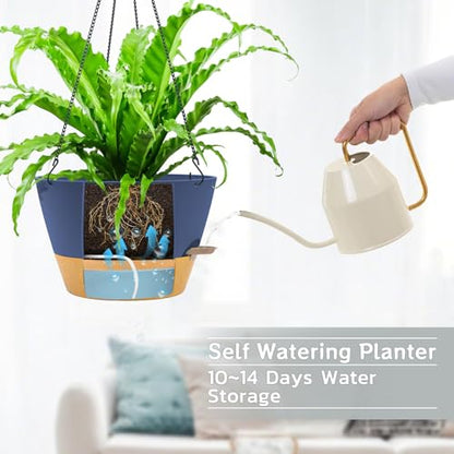 ZMTECH Large 12Inch Self Watering Hanging Planter, Water Window & Chain - color: Blue