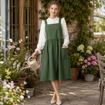Cotton Linen Apron Cross Back Apron for Women with Pockets Pinafore Dress - color: Green