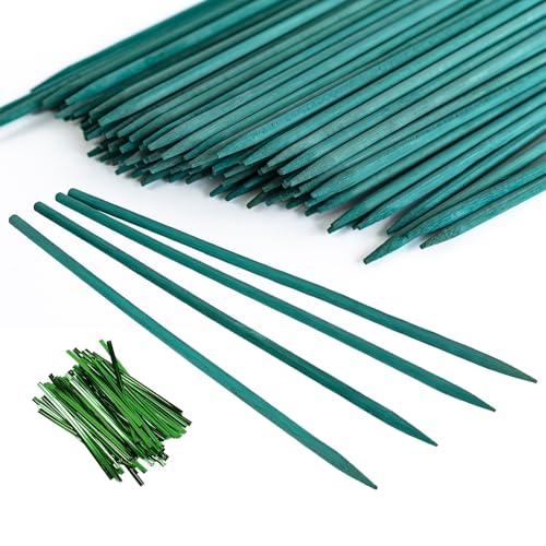 100 PCS 18” Bamboo Plant Stakes with Green Garden Ties - Sturdy Wooden Support Sticks for Indoor & Outdoor Potted Plants, Orchids, Tomatoes, Floral Gardening