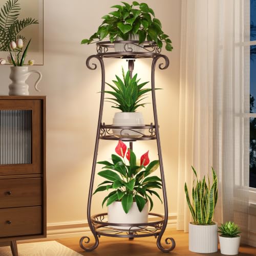 LASZOLA 3 Tiers Metal Corner Plant Stand Tall with Light for Indoor Outdoor - color: Bronze with Light, size: 3 Tier