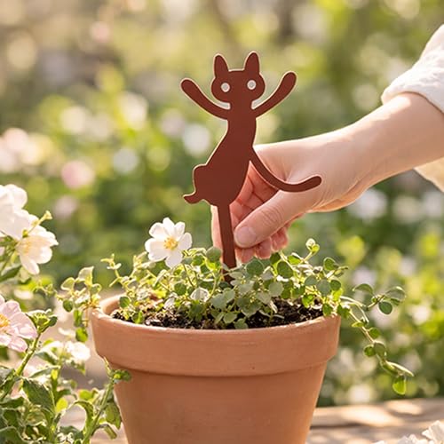 Metal Garden Decor Dancing Cat Plant Stake for Flower Pots, Steel