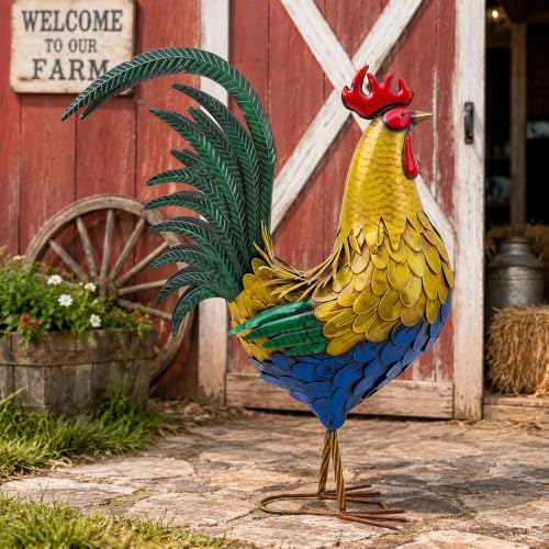 32 in Metal Rooster Statue, Farmhouse Yard & Garden Decor - color: 32"h-xl Rustic Yellow Rooster