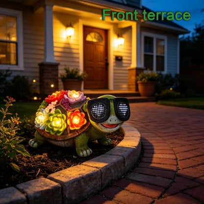 Solar Turtle Garden Statue with Heart-Shaped LED Sunglasses, Light Up - color: Green Turtle Statue
