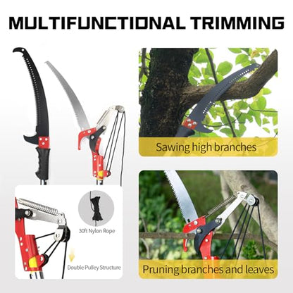 Manual Pole Saw, 30 ft Extendable Tree Pruner, Sharp Steel Blade and Scissors High Branches Trimming, Pole Saws for Tree Trimming, Tree Trimmers Long Handle Pruner