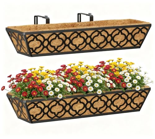 Y&M Deck Railing Planter Boxes, Adjustable Balcony Planter for Outdoor Plants, Metal Railing Planter Box for Deck, Fence and Porch, Window Boxes Outdoor, Sturdy Hanging Planter-24inch 2pcs - size: 2packs 24in-Flower