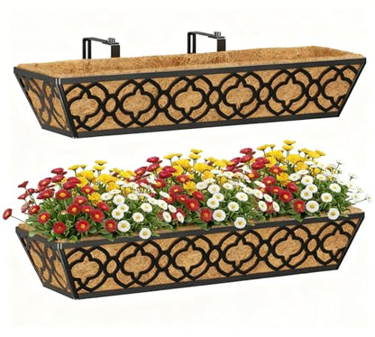 Y&M Deck Railing Planter Boxes, Adjustable Balcony Planter for Outdoor Plants, Metal Railing Planter Box for Deck, Fence and Porch, Window Boxes Outdoor, Sturdy Hanging Planter-24inch 2pcs - size: 2packs 24in-Flower