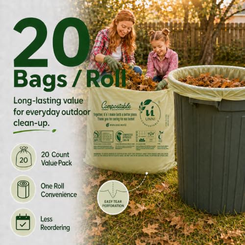 UNNI 30-33 Gallon Compostable Bags, 40 Count, 124 L, Extra Thick 1.1 Mil - size: 40 Count (Pack of 1), style: 33 Gallon