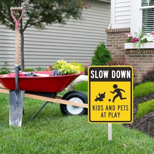 dog crossing sign,Kids and Pets at Play yard Sign with Reflective Aluminum Lawn Signs,slow down Rust Free Garden Signs (8x12in) - color: Slow Down Kids and Pets at Play