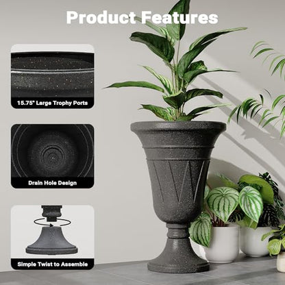 24" Tall Urn Planters Set of 2, Black Outdoor Planter for Porch - color: Black-trophy