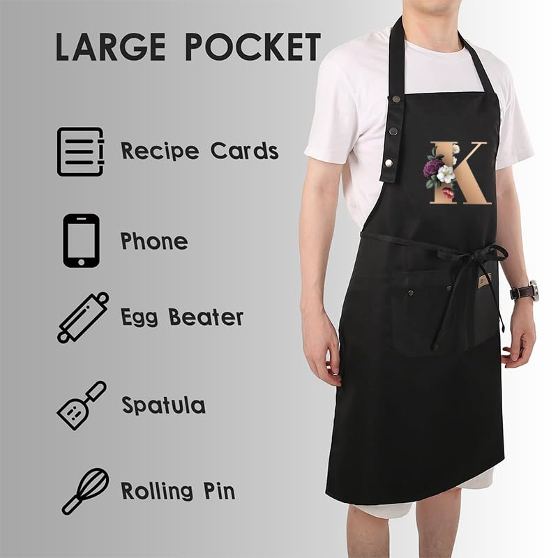 Apron for Women with Pockets, Initail Gardening Apron with Adjustable Straps, Large Pockets & Cross Back Design - color: Bk-k