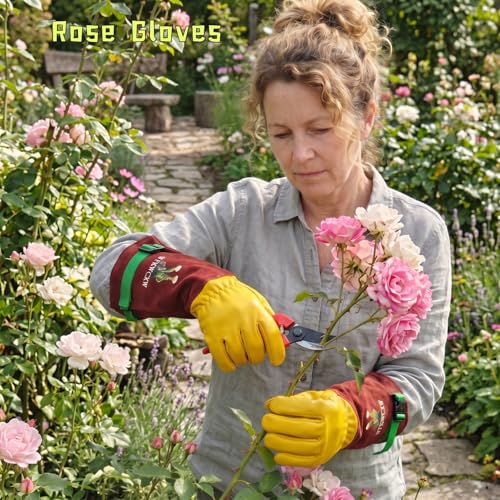 Cow Leather Adjustable Thorn Proof Gardening Gloves - color: Brown-cactus, size: Medium