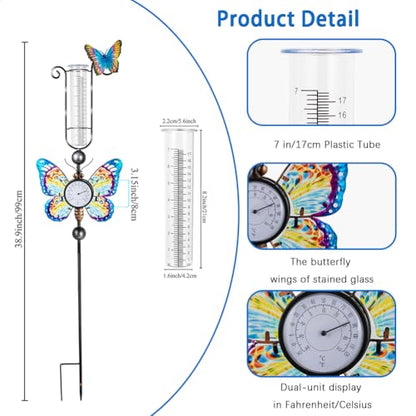 Rain Gauge Outdoor with 7 Inch Plastic Tube - color: Blue-Butterfly