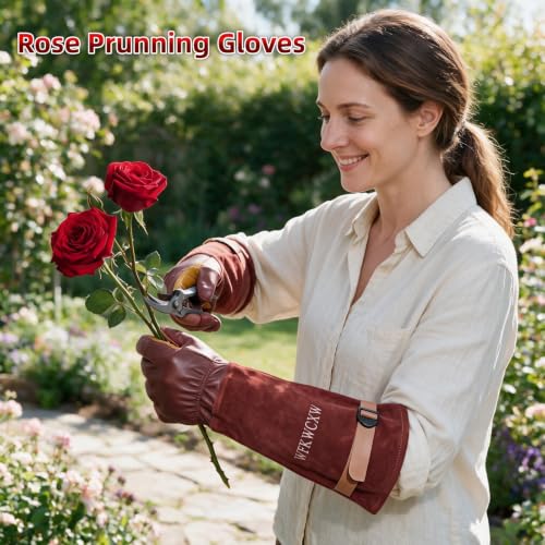 Cow Leather Adjustable Thorn Proof Gardening Gloves - color: Brown, size: X-Large
