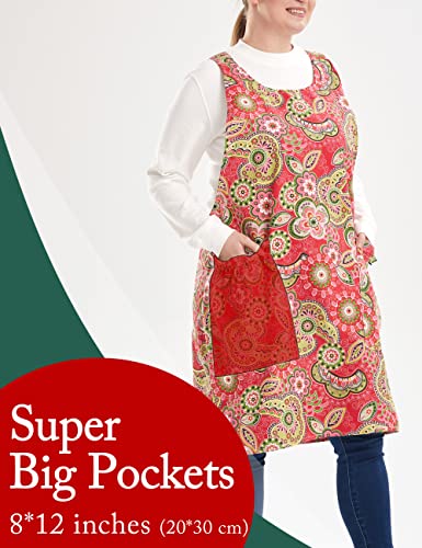 Big Plus Size Aprons for Women with Pockets Cotton Linen Baking Kitchen Cooking - color: Red Flowers