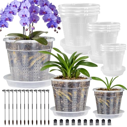 Orchid Pot, 9 Pack 4.3",5.5",6.1" Orchid Pots with Holes and 12Pcs Plant Stakes, Clear Plastic Plant Pot for Indoor Outdoor Plants(3 Each of 4.3", 5.5", 6.1" + Saucers) - style: 3 Each of 4.3", 5.5", 6.1" + Saucers